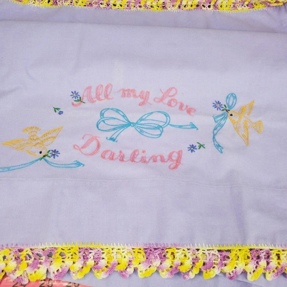 Lavender Purple ALL MY LOVE DARLING DEAREST Crochet Doves Guest Pillow Case Set